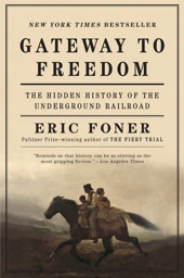 A book cover in tones of brown, a lot of text atop a painting of a Black family on a galloping horse.
