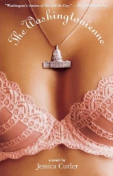 A book cover with a woman's breasts in a lacy pink bra, and in the cleavage a necklace with a charm of the U.S. Capitol.