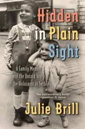 A book cover with a full bleed black and white photograph of two children on a street, the text is in white and three pastels.