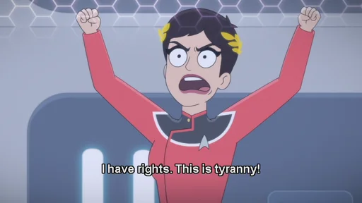 In a Starfleet brig, a female demigod shouts 'I have rights, this is tyranny'.