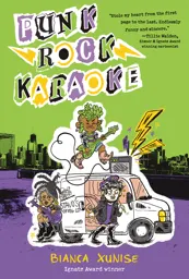 An illustrated book cover is green over purple with three people playing instruments around a van in an urban lot.